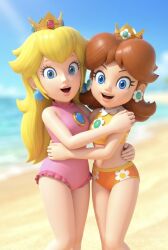 2girls beach bikini blonde_hair blue_eyes blurry_background brown_hair caucasian crown earrings frilled_swimsuit hug long_hair looking_at_viewer nintenart3d ocean one-piece_swimsuit princess_daisy princess_peach sky