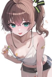 1girls bare_shoulders belly_button blush booty_shorts breasts_out brown_hair female female_focus female_only high_resolution highres hololive kkato leaning leaning_forward looking_at_viewer loose_clothes natsuiro_matsuri nipple_pasties open_mouth pasties revealing_breasts shirt small_breasts smile solo standing stomach tank_top teal_eyes thighs tied_hair virtual_youtuber white_background