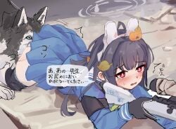 1boy 1girls black_hair blue_archive blush bunny_ears clothed dog dosukebe_rabbit female halo miyu_(blue_archive) red_eyes