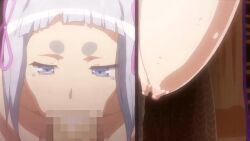 10s 1boy 1girl 1girls 2017 animated animated_gif blue_eyes blue_hair bouncing_breasts censored deepthroat fat fat_man fellatio female grabbing_another's_head hair_ornament hair_ribbon hairclip hand_on_another's_head hanging_breasts hetero hikimayu hime_cut indoors large_penis mosaic_censoring nail_polish nipples nude oral penis pubic_hair shikkoku_no_shaga shikkoku_no_shaga_the_animation shogun sliding_doors tagme taira_no_kiyomori tears yorihime