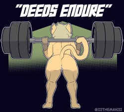 abstract_background absurd_res anthro anus breasts bridge_(the_man) butt clothing crouching ear_piercing english_text exercise felid feline female fur genitals gloves hair handwear hi_res mammal mostly_nude muscular muscular_female piercing rear_view solo tan_body tan_fur text the_man vulva weightlifting workout