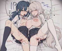 2girls after_sex after_vaginal bar_censor bed_sheet bee_(deadflow) black_hair black_skirt black_socks blush bow bowtie breasts breath censored clothes_lift commentary_request condom cum cum_in_pussy cumdrip grey_hair half-spread_pussy heart highres huge_breasts kneehighs large_areolae leg_up long_hair looking_at_viewer lying mizusawa_ayumi mole mole_on_breast multiple_condoms multiple_girls nipples no_bra no_panties on_back open_clothes open_shirt original paid_reward_available pillow pink_bow pink_bowtie pussy school_uniform shirt side-by-side skirt skirt_lift small_breasts smile socks sound_effects spoken_heart spread_legs spread_pussy spreading_own_pussy sweat sweaty_clothes thick_eyebrows thighhighs tomo-chan_(deadflow) translation_request used_condom variant_set wet_spot white_shirt white_thighhighs