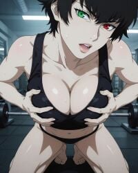 abs accurate_art_style ai_generated big_breasts black_hair devil_may_cry_(series) gym heterochromia lady_(devil_may_cry) lady_(devil_may_cry:netflix) lips panties short_hair solo teasing tomboy