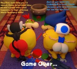 3d 3d_(artwork) 6boys ass balls bib big_ass big_butt black_body blue_hair blue_toad bowser_jr. butt doommusk facesitting gay hi_res huge_ass huge_butt human koopa koopaling lire_(doommusk) ludwig_von_koopa luigi male male/male mario mario_(series) mario_bros mask monkey mushroom mushroom_humanoid nintendo oc primate red_hair rimming rimming_male smile super_mario_bros. text toad_(mario) turtle yellow_body