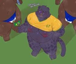 67_(meme) absurd_res andromorph anthro belly black_body black_fur blush bottomless bottomless_male brazil brazil_national_football_team brazilian breasts bulge chubby_cheeks clothed clothing english_text felid fifa flag flag_(object) flag_underwear fur genitals grass group haiti haitian_flag hand_on_hip hi_res holding_flag holding_object intersex jaguar jersey male mammal markings mightyoceano musk nipples overweight overweight_male pantherine plant porphy_(mightyoceano) purple_eyes raised_clothing raised_shirt raised_topwear shirt soccer_jersey soccer_uniform sportswear spots spotted_body spotted_fur text thick_thighs topwear trio uniform vulva