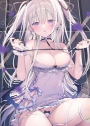 1girl ame_usari babydoll blush bow_panties breasts choker clothed collar dress earrings gray_hair hair_ribbon highres large_breasts leash leash_and_collar leashed_collar long_hair nude open_clothes original panties ribbon_panties small_but_busty straight_hair tied_hair twintails white_hair wrist_cuffs