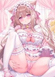 animal_ear_fluff animal_ears bell blush bow bow_legwear bowtie breasts brown_hair cameltoe cat_ears cat_girl cat_tail double-parted_bangs dress dress_lift female foot_out_of_frame frilled_dress frilled_hairband frilled_panties frilled_thighhighs frills hair_between_eyes hair_ornament hairband hairbow heart heart_hair_ornament highres indoors large_breasts lifting_own_clothes long_hair looking_at_viewer melonbooks neck_bell on_bed original panties partially_visible_vulva pink_bow pink_bowtie pink_dress pink_eyes pink_hairband pink_panties shiono_(0303) sitting solo striped_bow striped_bowtie striped_clothes tail thighhighs underwear white_bow white_thighhighs x_hair_ornament