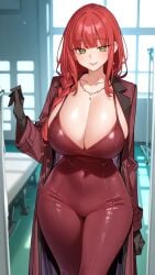 ai_generated cleavage coat gloves green_eyes huge_breasts large_breasts narrow_waist necklace red_hair seductive seductive_smile sensual wide_hips