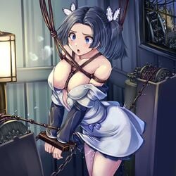 1girls apron bare_shoulders bead_sex_machine being_watched big_breasts black_hair blue_eyes blush bondage bound butterfly_hair_ornament chained_wrists chains crotch_rope demon_slayer detailed_background female female_focus femsub forced_orgasm handcuffs heavy_breathing inosuke_hashibira kanzaki_aoi_(kimetsu_no_yaiba) kimetsu_no_yaiba knotted_rope lantern long_sleeves monikano off_shoulder open_clothes orgasm pussy_juice restrained rope_bondage rope_walking sex_machine shibari solo_focus squirting sweat twintails visible_breath water_wheel wet wet_clothes window