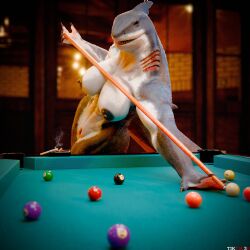 1:1 3d_(artwork) abs anthro aquatic areola ashtray ball big_breasts billiard_ball billiard_table breasts cigarette cue_stick digital_media_(artwork) female fin fish furniture genitals gills hi_res navel nipples non-mammal_breasts non-mammal_navel non-mammal_nipples nude shark solo table tiktik3d vulva wet