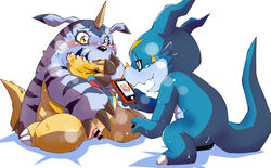 anthro bandai_namco belly blush bodily_fluids cellphone censored chibineco cloacal_penis digimon digimon_(species) duo embarrassed gabumon genital_fluids genitals hi_res male male/male nude penis phone photographing_another precum slightly_chubby smartphone tapering_penis veemon