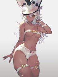 1girls bandeau blush breasts brown_skin female female_only guilty_gear_xrd hat highres long_hair oro_(sumakaita) ramlethal_valentine shorts thick_thighs thigh_strap thighs underboob white_hair white_shorts yellow_eyes