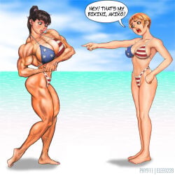 2girls abs american_flag_bikini biceps bikini breasts female muscles muscular muscular_arms muscular_female muscular_legs muscular_thighs pecs