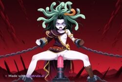 1girl ai_assisted ai_generated anime_coloring anime_screencap anime_screenshot black_hair blue_eyes breasts colored_skin dominated earrings facing_viewer forced_orgasm green_hair high_quality highres jewelry legs_spread long_hair medusa mouth_open nipples pale_skin petite_body ripped_clothes skinny small_breasts small_tits snake snake_hair solo solo_female tattoo tiny_tits unable_to_move unable_to_resist young