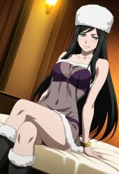 bed bedroom black_hair blue_eyes bra breasts crossed_legs dress female light-skinned_female light_skin pale-skinned_female pale_skin panties sitting sitting_on_bed smile smile_at_viewer smiley_face tatakau_shisho the_book_of_bantorra thighs transparent_clothing yuri_(tatakau_shisho)