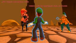1futa 2boys 3d 3d_(artwork) anthro balls blue_hat blue_legwear blue_overalls bowsette brown_hair clothing crown delflow dialogue erection futanari genitals glasses gloves green_hat green_shirt hat horns humanoid illumination_entertainment indoors intersex kamek koopa legwear looking_at_another luigi male mammal mario_(series) mature mature_futa mature_male nintendo nipples orange_hair overalls penis reptile scalie shirt short_hair super_mario_bros. super_mario_bros._(2023_film) testicles text white_gloves yellow_skin