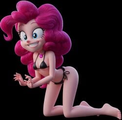 3d 3d_render ai_assisted barefoot bikini bikini_bottom bikini_top black_bikini equestria_girls feet friendship_is_magic from_behind looking_at_viewer my_little_pony pinkie_pie_(eg) pinkie_pie_(mlp)