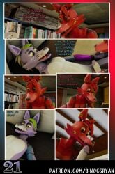 3d_(artwork) accessory animatronic anthro big_breasts binocszoomx10 blender_(artwork) blender_cycles_(artwork) breasts canid canine canis comic crossgender digital_media_(artwork) duo ear_piercing english_text erection fan_character fanmade_glamrock_foxy_(fnaf) female five_nights_at_freddy's five_nights_at_freddy's:_security_breach fox ftm_crossgender genitals glamrock_foxy_(fnaf) glans hair hi_res humanoid_genitalia humanoid_penis machine male male/female mammal nipples nude open_mouth penis piercing robot roxanne_wolf scottgames sex simple_background steel_wool_studios tail teeth text tongue url wolf