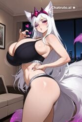 1girl 8k adult ahri ai_assisted ai_generated ass black_clothing breast_expansion cinematic cityscape claws cleavage crown depth_of_field dress enormous_breasts eyes_half_closed fox_girl fox_tails hair_ornament heart_gesture home in_heat indoors large_breasts league_of_legends living_room long_hair looking_at_viewer multiple_tails night_time oversized_breasts puckered_lips scenery seductive_eyes seductive_smile short_stack side_view thick_thighs tiny_waist uncensored upper_body whisker_markings white_hair white_tails wide_hips wink