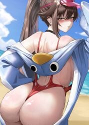 1girl animal_costume ass beach blue_sky breasts brown_hair day earrings from_behind goddess_of_victory:_nikke high_ponytail huge_ass jewelry large_breasts lifeguard long_hair looking_at_viewer marciana_(nikke) official_alternate_costume outdoors penguin_costume ponytail red_slingshot_swimsuit sky slingshot_swimsuit small_chair_(xiaosaiyi33818) solo swimsuit very_long_hair visor_cap wet yellow_eyes