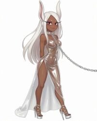 collar elegant_dress heels latex long_dress long_hair mirko miruko mp4 my_hero_academia no_background red_eyes rumi_usagiyama shiny_dress smile tagme tan_body tan_skin transparent transparent_clothing transparent_latex video walking white_hair