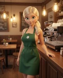 1girls 3d ai_generated amelie_graham_de_vanily apron apron_only barista blonde blonde_female blonde_hair cartoon coffee_machine coffee_shop geneker green_apron green_eyes grok medium_breasts miraculous:_tales_of_ladybug_and_cat_noir miraculous_ladybug side_ponytail sideboob smile solo solo_female warm_lighting woman