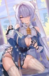 1girl blue_dress blue_sleeves breasts cleavage clothing_cutout commentary_request detached_sleeves dress folding_fan hair_over_one_eye hand_fan highres holding holding_fan indoors korean_commentary large_breasts looking_at_viewer on_one_knee pointy_ears purple_eyes shoulder_cutout solo thighhighs thighs velina_airgid white_mouth white_thighhighs zenless_zone_zero