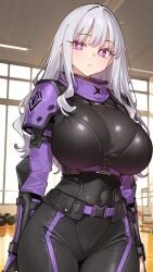 1girls ai_generated gym huge_breasts large_breasts looking_at_viewer narrow_waist purple_eyes solo tactical_clothes white_hair wide_hips