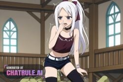 1girl ai_assisted ai_generated bare_shoulders black_shorts black_thighhighs blue_eyes bracelet choker cock_in_pussy collar collarbone cowgirl creampie crop_top embarrassed fairy_tail flat_chest hand_to_own_mouth indoors inside leaning_forward long_hair mirajane_strauss moaning outside parted_bangs ponytail pussy_sex saliva shaking short_shorts side_view solo source_anime spread_legs standing_doggystyle tank_top tree upper_body white_hair