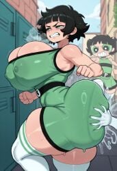 aged_up ai_generated anon big_breasts black_hair buttercup_(powerpuff_girls) erect_nipples_under_clothes female ghost_hands gigantic_ass gigantic_breasts gigantic_thighs grabbing grabbing_ass grabbing_from_behind green_eyes huge_ass huge_breasts impossible_clothes leggings nipples_visible_through_clothing powerpuff_girls restrained restrained_arms sideboob sitting sleeveless sleeveless_dress straining_clothing sweat sweatdrop sweating thighhighs tight_clothing tongue_out