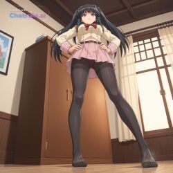 1girl ai_assisted ai_generated anime_screencap barefeet belt big_feet black_pants black_pantyhose dark_skin detailed_background dirty_feet from_below full_body hands_on_hips indoors inyouchuu long_sleeves long_toes looking_at_viewer navel presenting_foot seductive_body skirt sole_focus solo source_anime standing standing_on_one_leg stinky_feet sweaty_feet thighband_pantyhose twintails underwear uniform yellow_jacket