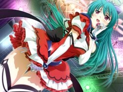 1girl 2000s_(style) aqua_hair ayahime_kurumi blush breasts dutch_angle elbow_gloves female_masturbation game_asset gloves green_hair idol large_breasts lemmtear_theta long_hair magical_girl mahou_senshi_(series) mahou_senshi_lemmtear_knights masturbation microphone non-web_source official_art open_mouth panties purple_eyes ribbon saitou_natsuki self-datamine side-tie_panties skirt smile solo stage thighhighs underwear variant_set visual_novel_cg wet wet_clothes wet_panties white_panties