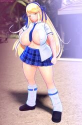 3d areola_slip cosplay full_body gigantic_breasts katsuragi_(senran_kagura) katsuragi_(senran_kagura)_(cosplay) luminaryofages mythra nipple_bulge senran_kagura thick_thighs thighs unamused wide_hips xenoblade_(series) xenoblade_chronicles_2