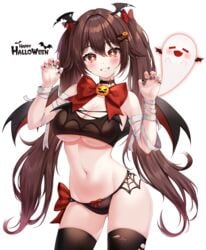 1girls big_breasts blush bra breasts brown_hair demon demon_girl demon_wings genshin_impact halloween hu_tao_(genshin_impact) kuca kuca_(ku_ca18) panties red_eyes skimpy skimpy_clothes succubus thighhighs thighs twintails wings