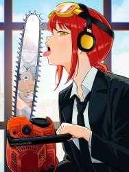 chainsaw chainsaw_man commentary denji_(chainsaw_man) dog earmuffs elpipe_3000 english_commentary eye_contact highres looking_at_another makima_(chainsaw_man) necktie pant_suit pants pochita_(chainsaw_man) red_hair safety_glasses suit tongue tongue_out twitter_username