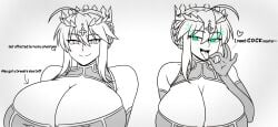 1girl 1girls 2girls affectionate artoria_pendragon artoria_pendragon_(fate) artoria_pendragon_(lancer) blowjob_gesture cleavage cleavage_cutout closed_mouth crown cutout elbow_gloves elbows fate/grand_order fate_(series) fgo front_view gesture gesturing_at_viewer giant_boobs giant_breasts giant_tits glowing glowing_eyes green_eyes hair_between_eyes hair_braid heart heart-shaped_pupils heart_eyes horny horny_female huge_boobs huge_breasts huge_tits large_boobs large_breasts large_tits looking_at_viewer monochrome monochrome_background open_mouth oral_gesture saber same_character seductive sketch smug smug_expression smug_eyes smug_face solo solo_female text tongue tongue_out white_background