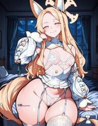 1girls ai_generated angel_yukkis bed bedroom big_ass blue_archive breasts curvy curvy_female curvy_figure fat_ass lingerie little_breasts little_tits night nipples oppai pussy pussy_juice room seia_(blue_archive) sexy_female sexy_lingerie sexy_pose sweat thong tits voluptuous_female wet_pussy