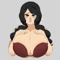 1girl big_boobs big_breasts black_hair boobs boobs_focus breasts breasts_bigger_than_head dark_blue_eyes female_only hand_on_breast huge_breasts light_gray_background original_character red_bra simple_background tits tits_bigger_than_head underwear yuric_inc