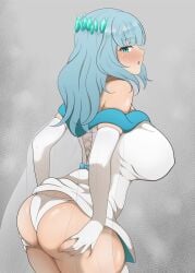 1girl :o ass_focus blush breasts crysta_(duel_masters) curvy duel_masters duel_masters_lost female from_behind hands_on_ass huge_breasts large_ass looking_back nipple_bulge panties solo steam thick_thighs voluptuous white_panties wide_hips