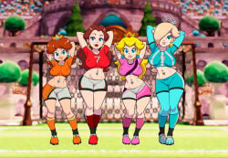 4girls arms_up blonde_hair blue_eyes breasts brown_hair clothed female female_only hands_behind_head mario_(series) midriff navel_piercing nintendo nipple_bulge pauline posing princess_daisy princess_peach princess_rosalina soccer_uniform