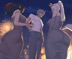 1boy 2girls ass breasts dress female female_focus ficoemirrio large_ass large_breasts light-skinned_female light_skin male sigrid_de_l'azur thick_thighs thighs tight_clothing wide_hips wise_(zenless_zone_zero) zenless_zone_zero zhu_yuan