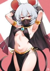1girl 1girls animal_ears animal_tail armlet armpits arms_behind_head arms_up artist_signature belly belly_button black_clothing black_veil blush blushing blushing_at_viewer breasts dancer dancer_outfit diamond diamond_(gem) diamond_(shape) gold_(metal) gold_armlet gold_jewelry green_hair hands_behind_head harem_outfit jewelry light_blush looking_at_viewer mouse mouse_ears mouse_girl mouse_tail mouth_veil navel nazrin neckwear no_panties pelvic_curtain rat rat_ears rat_girl rat_tail red_eyes ribbon ribbons scavia10 see-through see-through_clothes see-through_clothing short_hair side_slit sideboob signature skeb_commission small_breasts smile smiley_face smiling smiling_at_viewer sole_female solo solo_female solo_focus stomach tail thick_thighs thighs touhou underboob veil