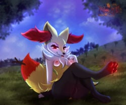 anthro astralia blep braixen breasts canid canine crossed_legs fangs female fox fur generation_6_pokemon genitals grass hi_res inner_ear_fluff looking_at_viewer mammal nintendo nipples pawpads paws plant pokemon pokemon_(species) presenting_pawpads red_body red_eyes red_fur sky small_breasts solo teeth tongue tongue_out tress tuft vulva watermark white_body white_fur yellow_body yellow_fur