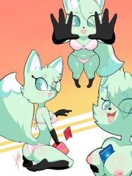 anthro ass_focus barefoot bikini bra breasts chikn_nuggit female_focus female_only foot_fetish fox fox_girl from_above green_fur kneeling multiple_views nipples panties pink_panties pixyfox23 playstation simple_background slushi_(chikn_nuggit) solo_female solo_focus squeezing_breast thicc