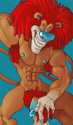 abs absurd_res anthro armpit_hair athletic athletic_male balls big_chin blue_claws blue_eyes blue_glans blue_nipples blue_nose body_hair claws facial_markings felid fur gengis_the_lion genitals glans hairy_balls half-erect hand_behind_head head_markings hi_res lion male mammal mane markings muscular muscular_arms muscular_male muzzle_(marking) nipples pantherine pecs penis pinup pose pubes ravuer red_mane red_pubes showing_armpit simple_background sitting small_waist smile solo tan_body tan_fur the_wacky_world_of_tex_avery white_muzzle