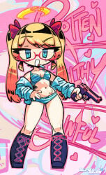 1girls 2026 artist_logo birdblitz bow_ribbon bra bra_and_panties broken_halo cigarette eyebrows_visible_through_hair female female_focus female_only glasses gun hair_ribbon hourglass_figure hourglass_figured_female hysterectomy_scar pinup pistol pistol_in_hand red_glasses solo solo_female solo_focus strawberry_blonde_hair thick_eyelashes trigger_complex yume_(birdblitz)