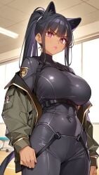 ai_generated athletic athletic_female black_clothing black_hair breasts brown_skin cat_ears cat_girl cat_tail catgirl gym large_breasts long_hair looking_at_viewer ponytail tactical_clothes