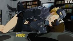 1boy1girl 1girl1boy 3d_(artwork) bed bedroom bedroom_sex blonde blonde-haired_male blonde_hair blonde_male blushing brown_hair eulathighstraps eyes_closed kissing kissing_partner kissing_while_penetrated kissing_while_penetrating legs_lock makoto_niijima missionary missionary_position persona persona_5 phantom_thief_suit pubic_hair ryuji_sakamoto straight_sex