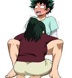 1boy 1girls blowjob blush chubby correct_artstyle fellatio female full_face_blush green_hair implied_fellatio implied_oral incest inko_midoriya izuku_midoriya kneeling kneeling_oral_position male mature_female milf mother mother_and_son my_hero_academia on_knees open_mouth oral shocked shocked_expression shoganight sitting spread_legs straight white_background