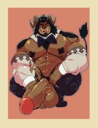 absurd_res anthro balls beard big_balls big_muscles big_pecs big_penis black_hair blush brown_body brown_fur closed_eyes clothed clothing crouching cursedmarked facial_hair felid final_fantasy final_fantasy_xiv fur genitals hair hi_res horn hrothgar huge_balls huge_cock male male_only mammal muscular muscular_anthro muscular_male nipple_tape nipples partially_clothed pasties pecs penis smile solo square_enix tape thong underwear video_games